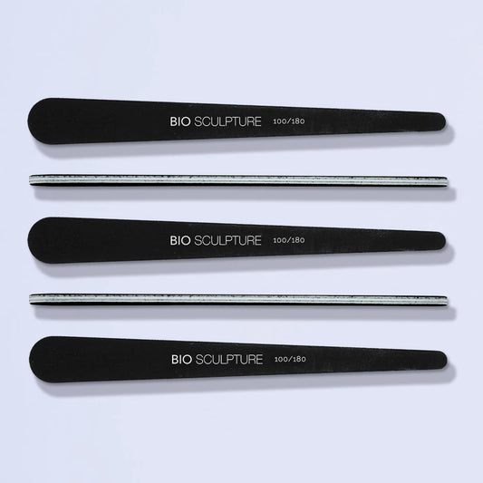Bio Sculpture Black Teardrop File 100/180 Grit Pack of 5 – vegan, dual-grit black teardrop-shaped nail files for precise shaping and smoothing of natural and gel nails