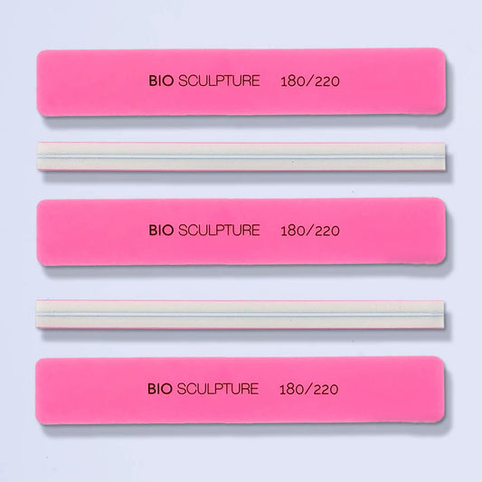 Bio Sculpture Bright Pink Sponge Buff 180/220 Pack of 5 – vegan, dual-grit bright pink nail buffer sponges for gentle smoothing and shaping of natural and gel nails