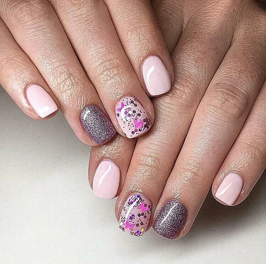 Bio Sculpture Essence Glitter Pink Butterflies 2g – butterfly-shaped pink glitter for whimsical, creative nail art designs